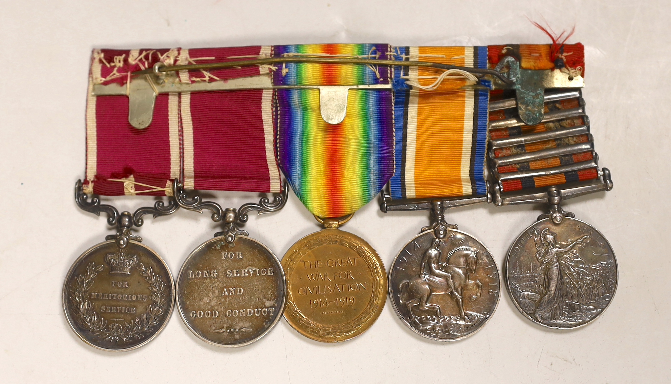 A Queen’s South Africa medal and WWI and meritorious service group of 5 medals to Lieut. O. Preston, 2nd Dragoon Guards
